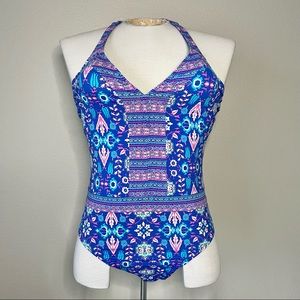 Blue Rod Beattie Mix Print One-Piece Halter Swimsuit